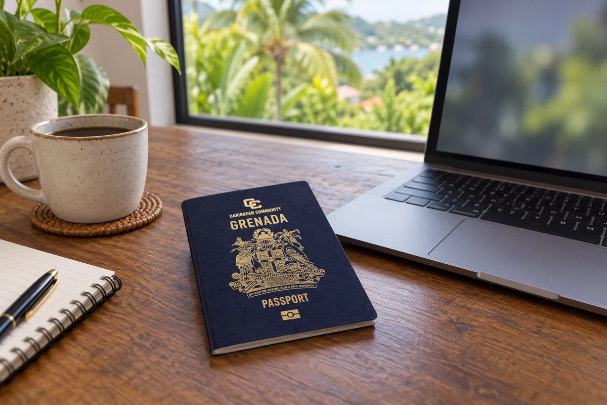 Dark blue Grenada passport beside a laptop for family planning